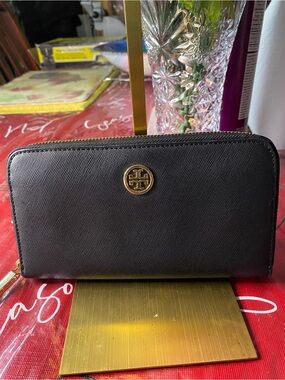 Tory Burch Black Zip-Around Wallet with Gold Logo